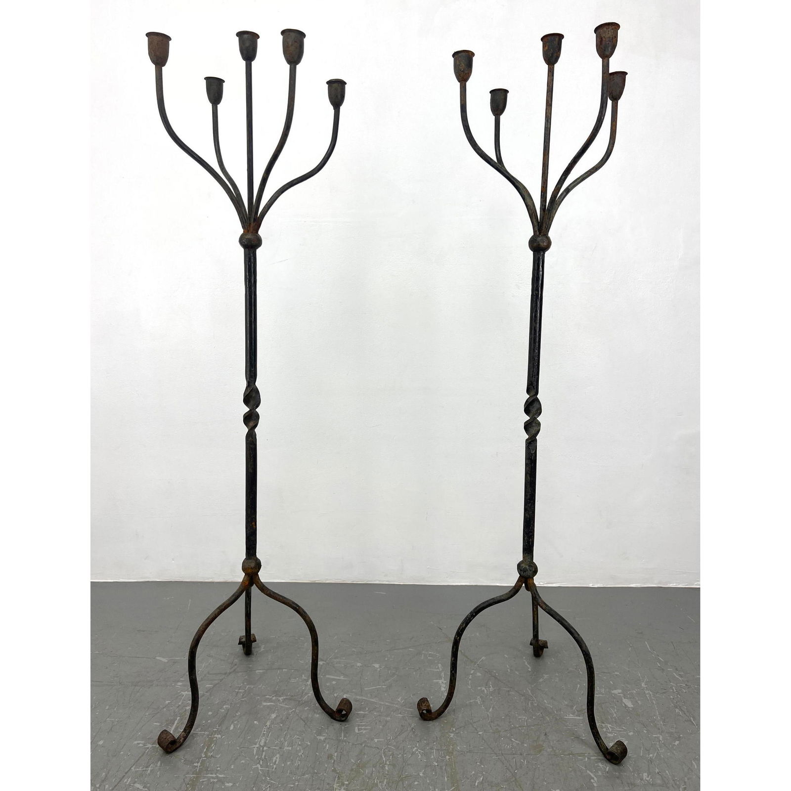Pair Mid Century Modern wrought Iron Candelabra Candle Floor Stands. (1 of 9)