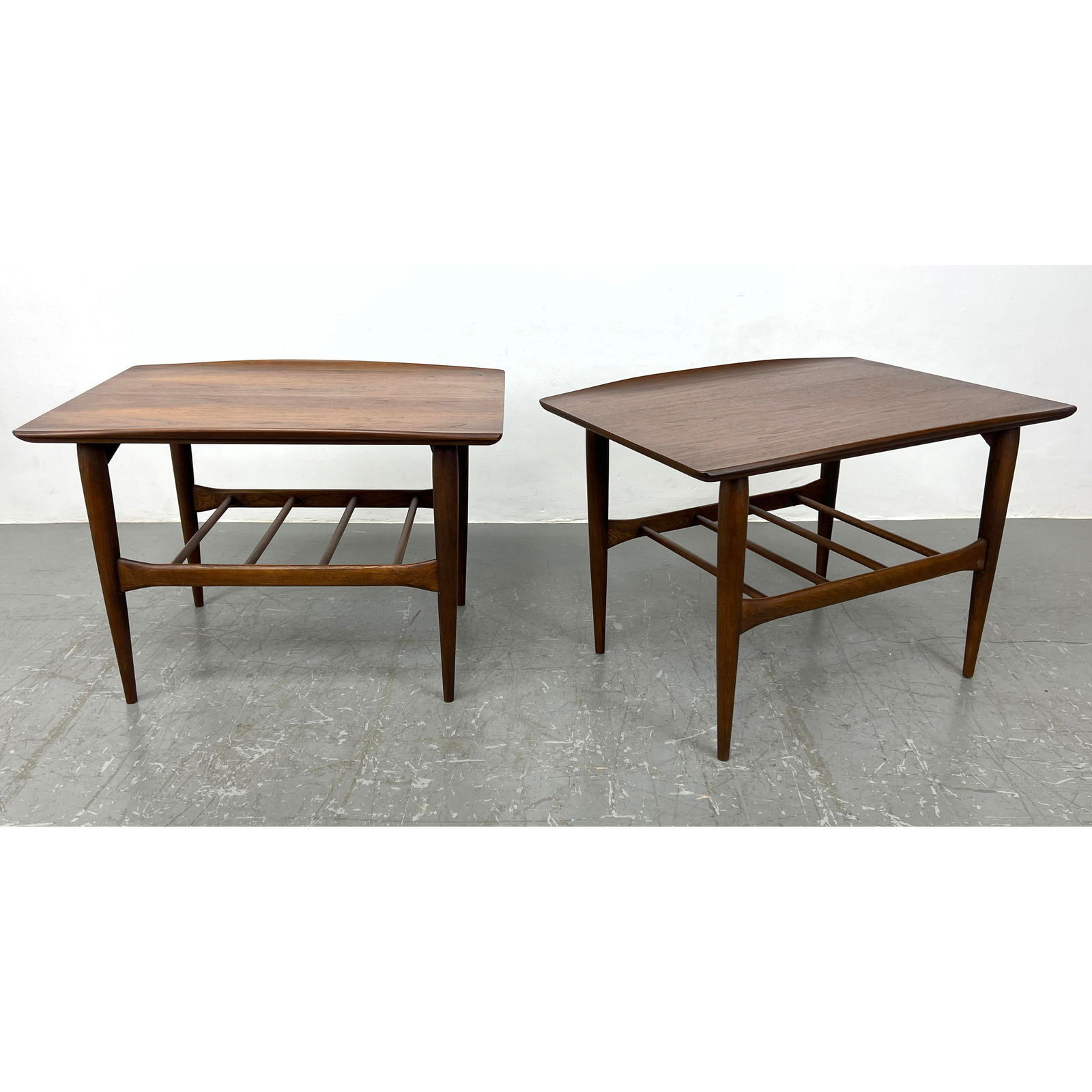Pr American Modern Walnut Side Tables. Tops have raised lip trim. Lower level with spindle details. (1 of 11)
