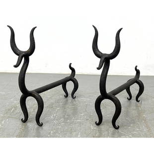 After Russel Wright Figural Deer Andirons. Heavy Wrought Iron Figures. Fire Deer Andirons. Heavy Cas: After Russel Wright Figural Deer Andirons. Heavy Wrought Iron Figures. Fire Deer Andirons. Heavy Cast Iron Figural Andirons. Dimensions: Height: 17 inches, Width: 4.5 inches, Depth: 22 inches. --- US