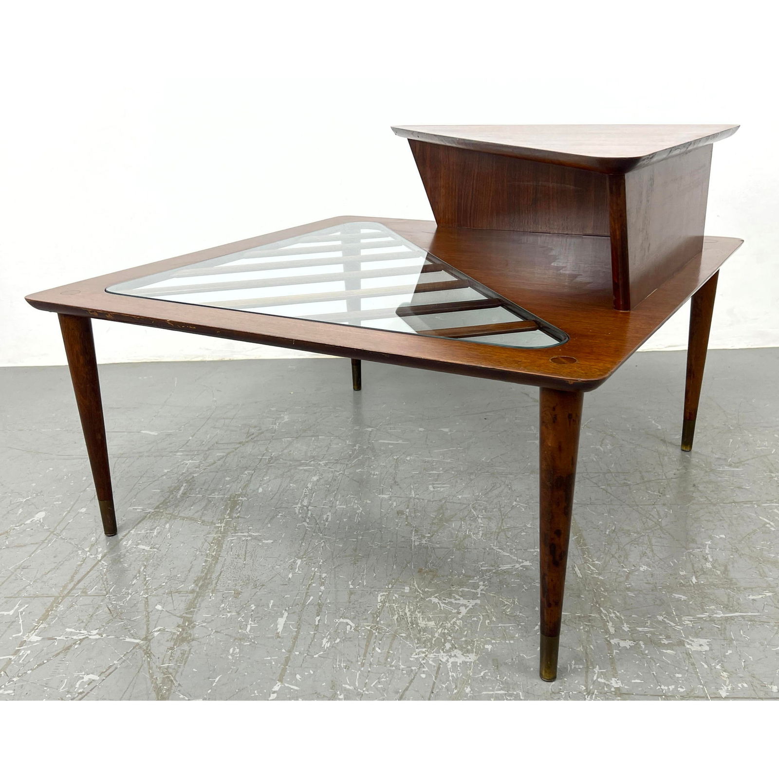 American Modern Two Tier Side End Table. Triangular Top level above square lower level with inset gl (1 of 13)