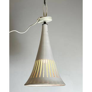 DESIGN TECHNICS Ceramic Cone Pendant Lamp Light. LEE ROSEN. 1963. White cone form pottery shade with: DESIGN TECHNICS Ceramic Cone Pendant Lamp Light. LEE ROSEN. 1963. White cone form pottery shade with pierced vertical openings. Appears in accompanying Design Technics Catalogue. Lot also includes ori