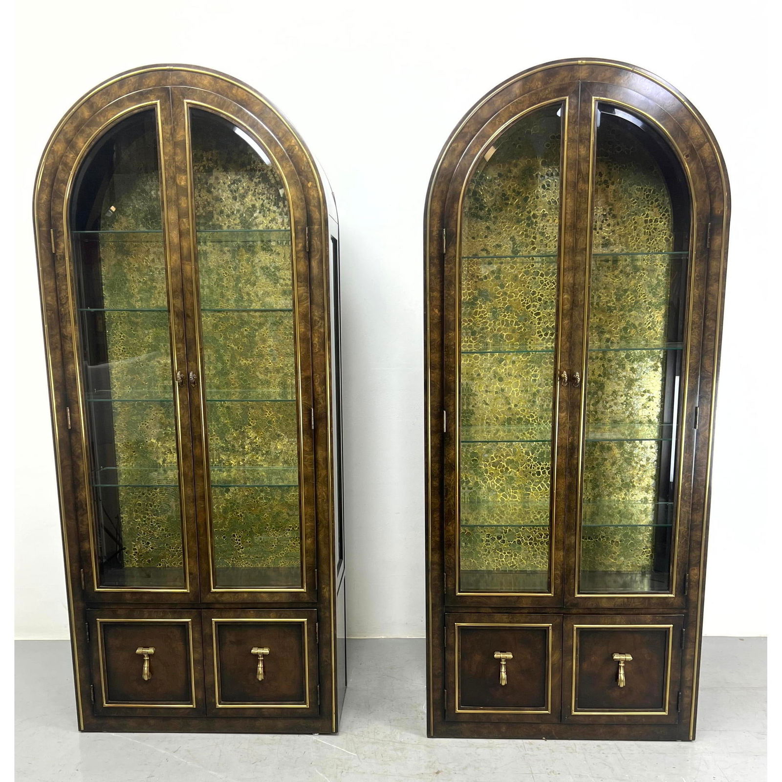Pr Mastercraft Arched Top Vitrines. Two Door Burl Wood Cabinets. Metallic Oil Spot Interiors. Light (1 of 18)