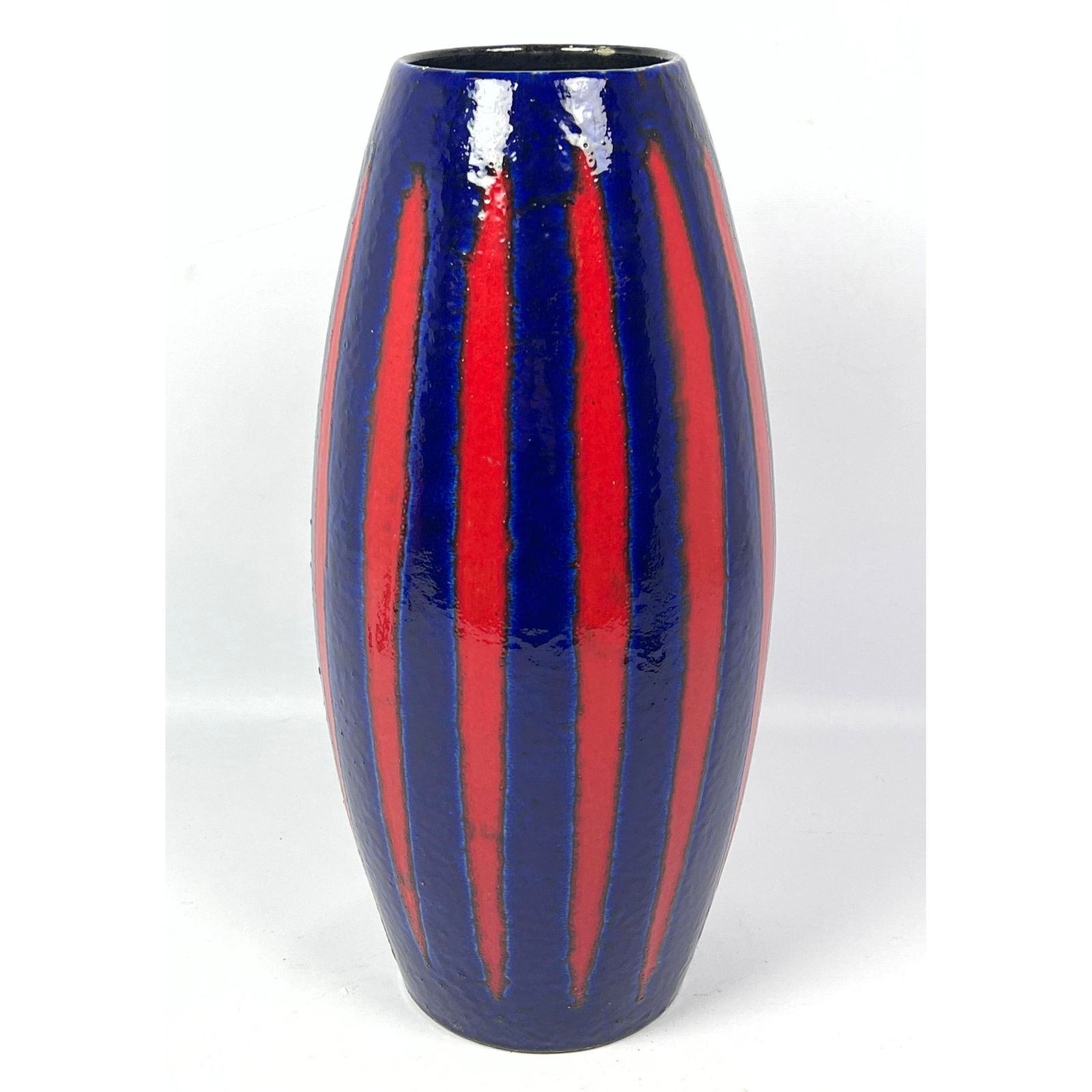WEST GERMANY Art Pottery Vase. High glaze red and blue vertical design. (1 of 8)