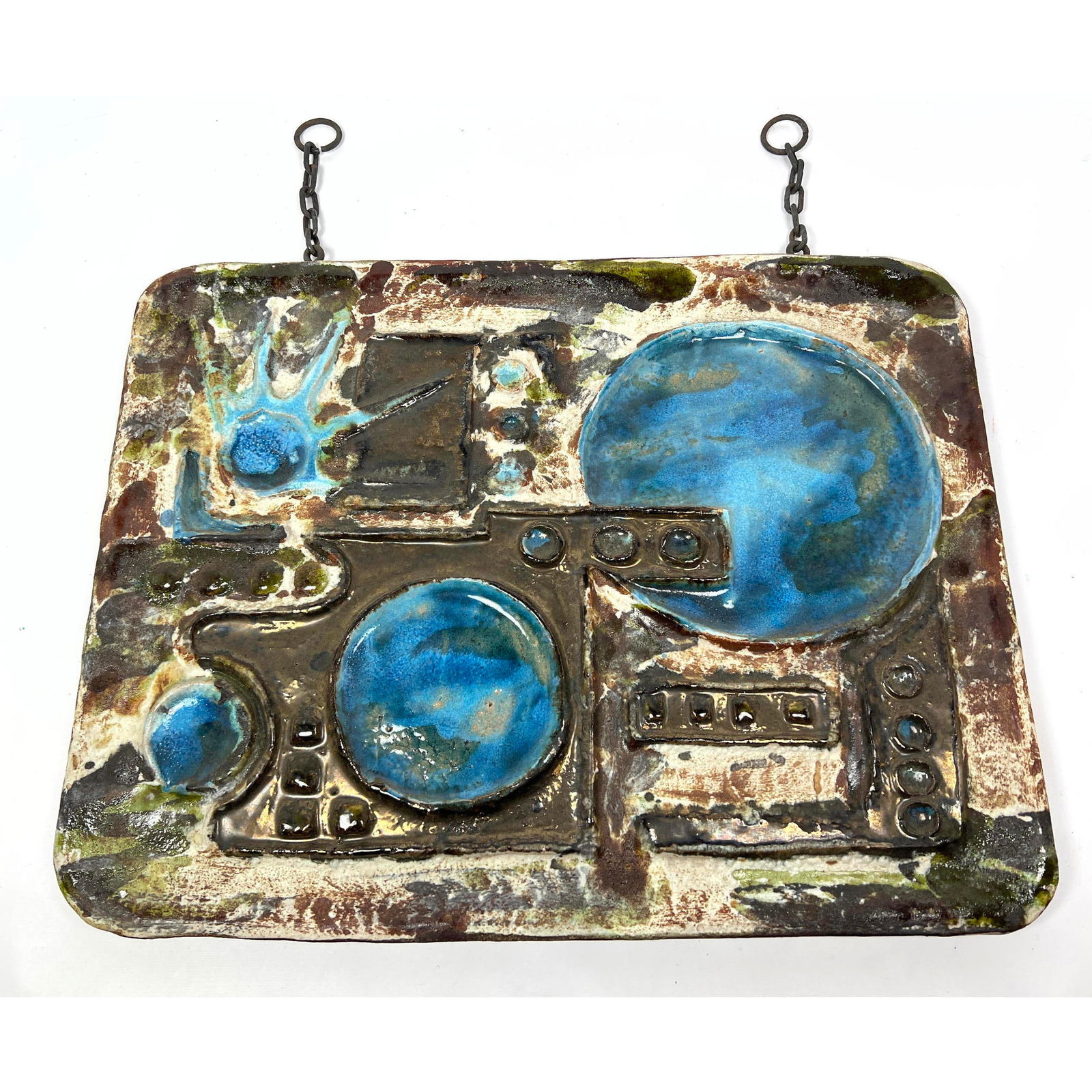 Mid Century Modern Abstract Stoneware Plaque Wall Hanging. Iron chain hangers. (1 of 9)