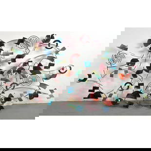 METAL IMAGE Colorful Abstract Wall Sculpture. Metal form with colored spirals,shapes and forms. Labe: METAL IMAGE Colorful Abstract Wall Sculpture. Metal form with colored spirals,shapes and forms. Label. Dimensions: Height: 28 inches, Width: 50 inches, Depth: 3 inches. ---