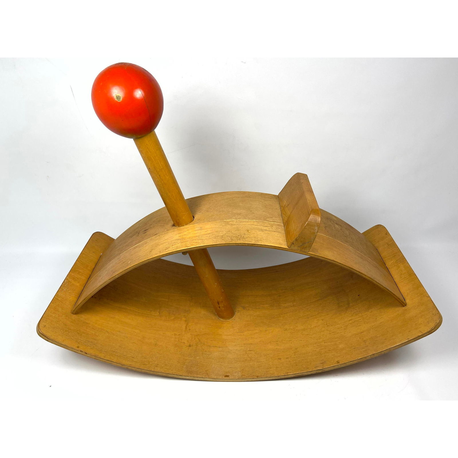 CREATIVE PLAYTHINGS Child's Rocking Horse. Rocker. Laminated Wood Frame with Bright Red Ball Finial.: CREATIVE PLAYTHINGS Child's Rocking Horse. Rocker. Laminated Wood Frame with Bright Red Ball Finial. Faint Label. Dimensions: Height: 19 inches, Width: 26 inches, Depth: 12 inches. ---