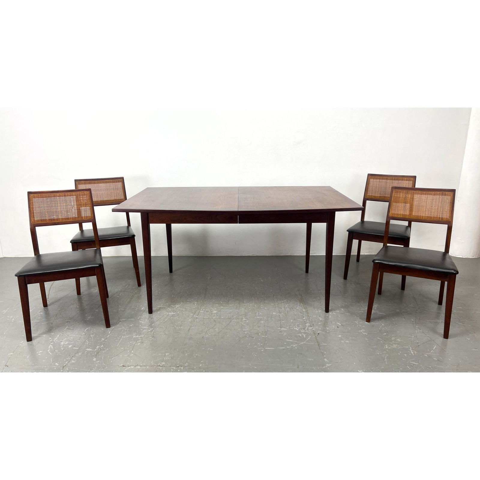5pc American Modern Walnut Dining Table. 4 Chairs. Woven rattan backrests. Black vinyl Seats. (1 of 19)
