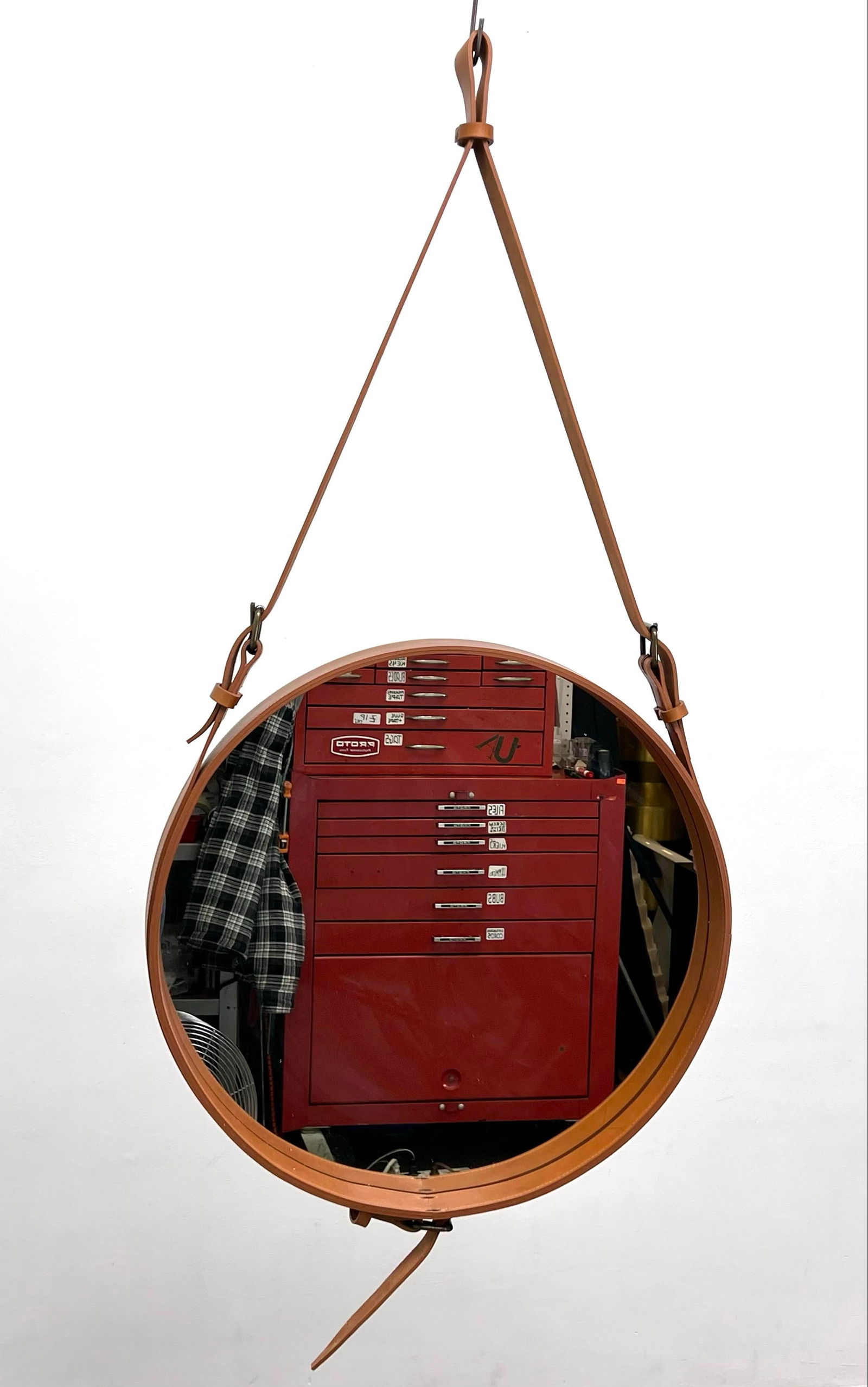 GUBI Leather Strap Framed Round Wall Mirror. Leather strap with brass buckles and leather hanger. Co (1 of 14)