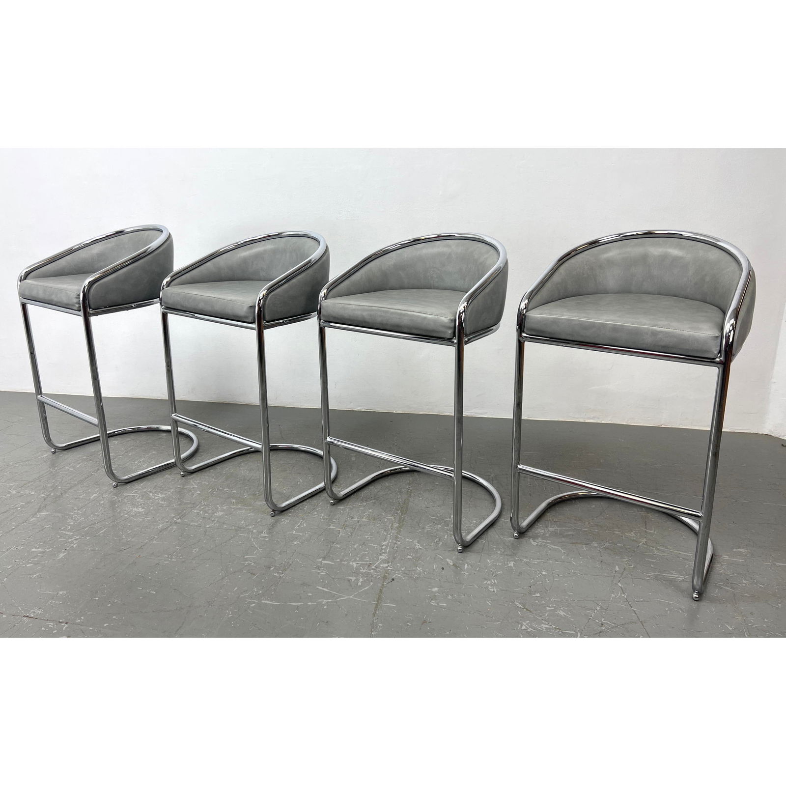 Set 4 Modernist Chrome Bar Stools. Gray Vinyl Upholstery.  Contemporary Shells label. Baughman Style (1 of 11)
