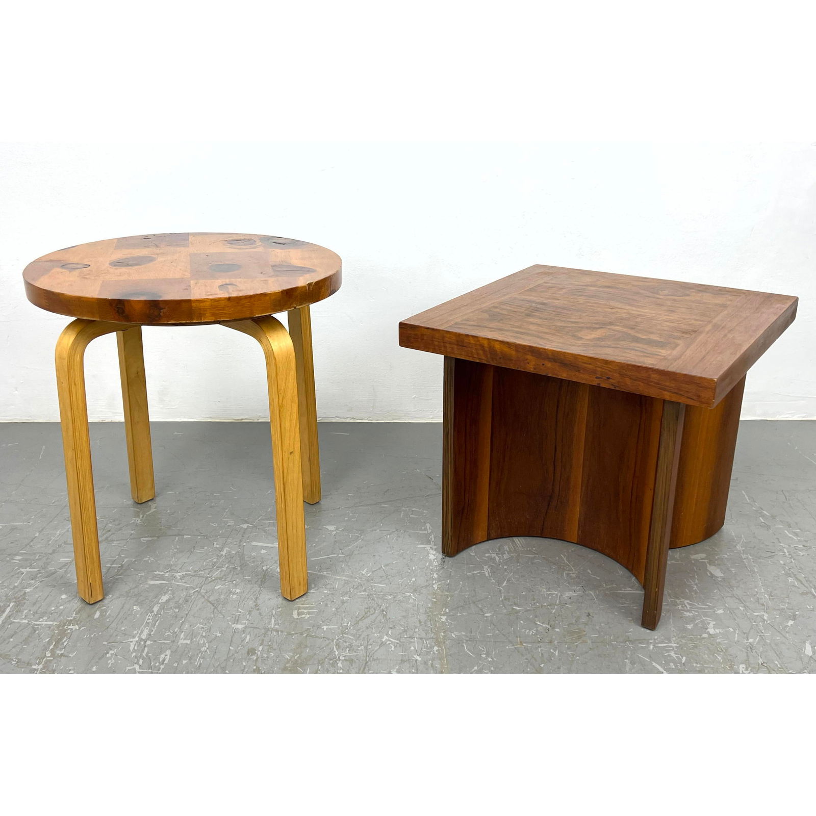 2pc Modernist Wood Side End Tables.  1) Rosewood Top above Two Curved Semi Circular Bases. 2). Alvar (1 of 17)