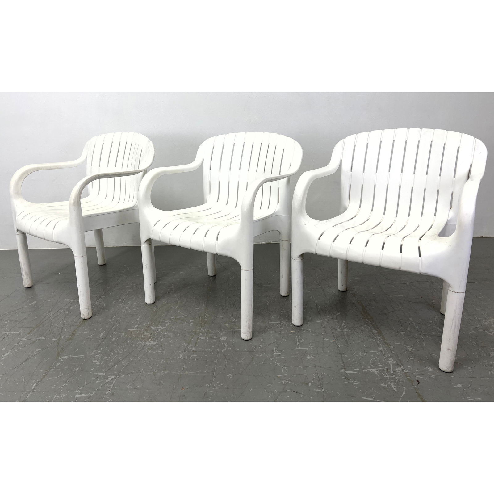 3pc French Outdoor Patio Molded Plastic Arm Chairs. DANGARI, Made in France. Marked. (1 of 14)
