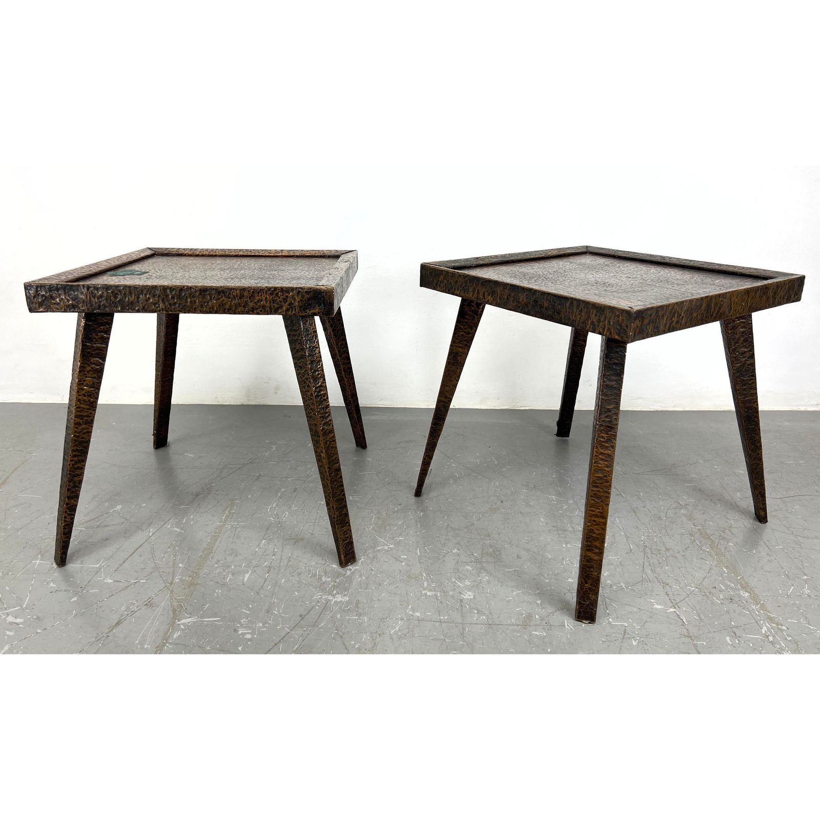 Pair Hammered Copper Covered Side Tables. Flared legs. (1 of 14)