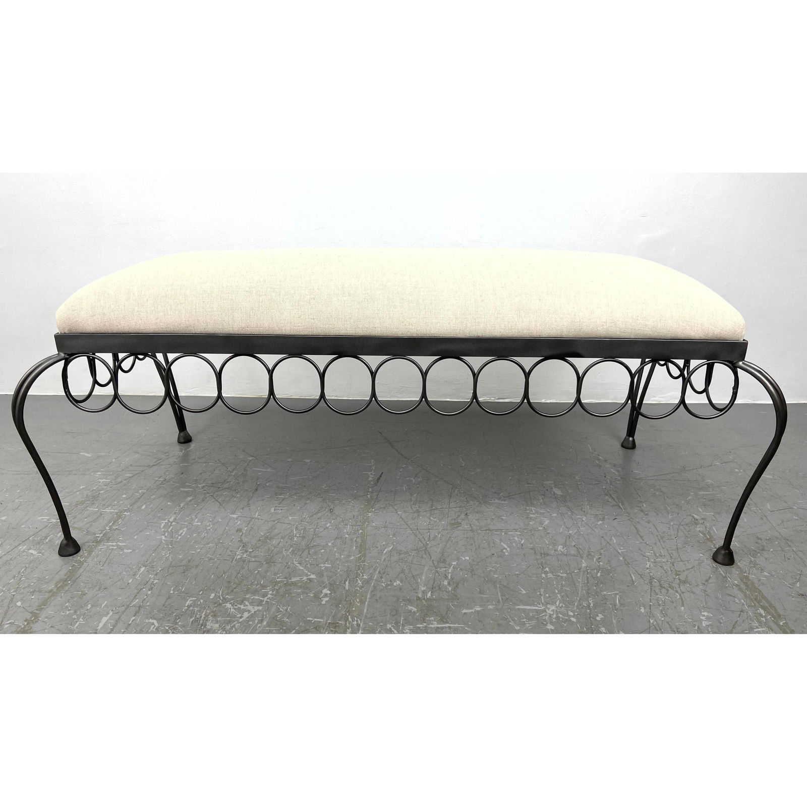 Iron Framed upholstered Bench with ring Design Frame. Cabriole Legs. (1 of 11)