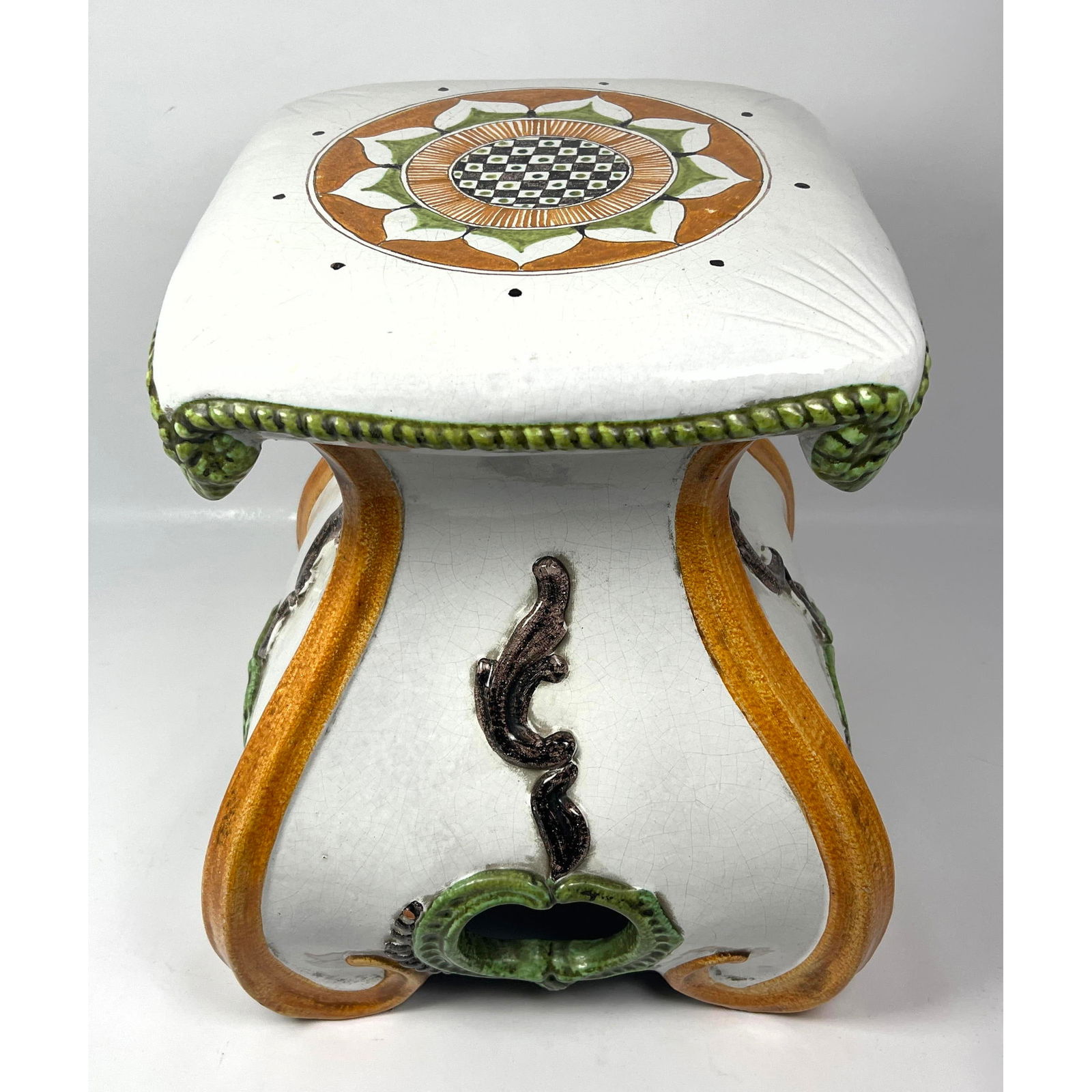 Italian Glazed Ceramic Stool with Trompe l'oeil  Pillow Top and Bohemian Style (1 of 11)