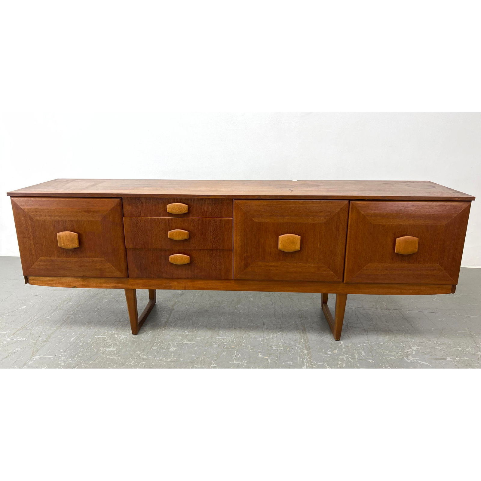 Walnut Credenza Cabinet. Contrasting Wood Pulls. Drop down Bar area. STONEHILL FURNITURE Label. (1 of 15)