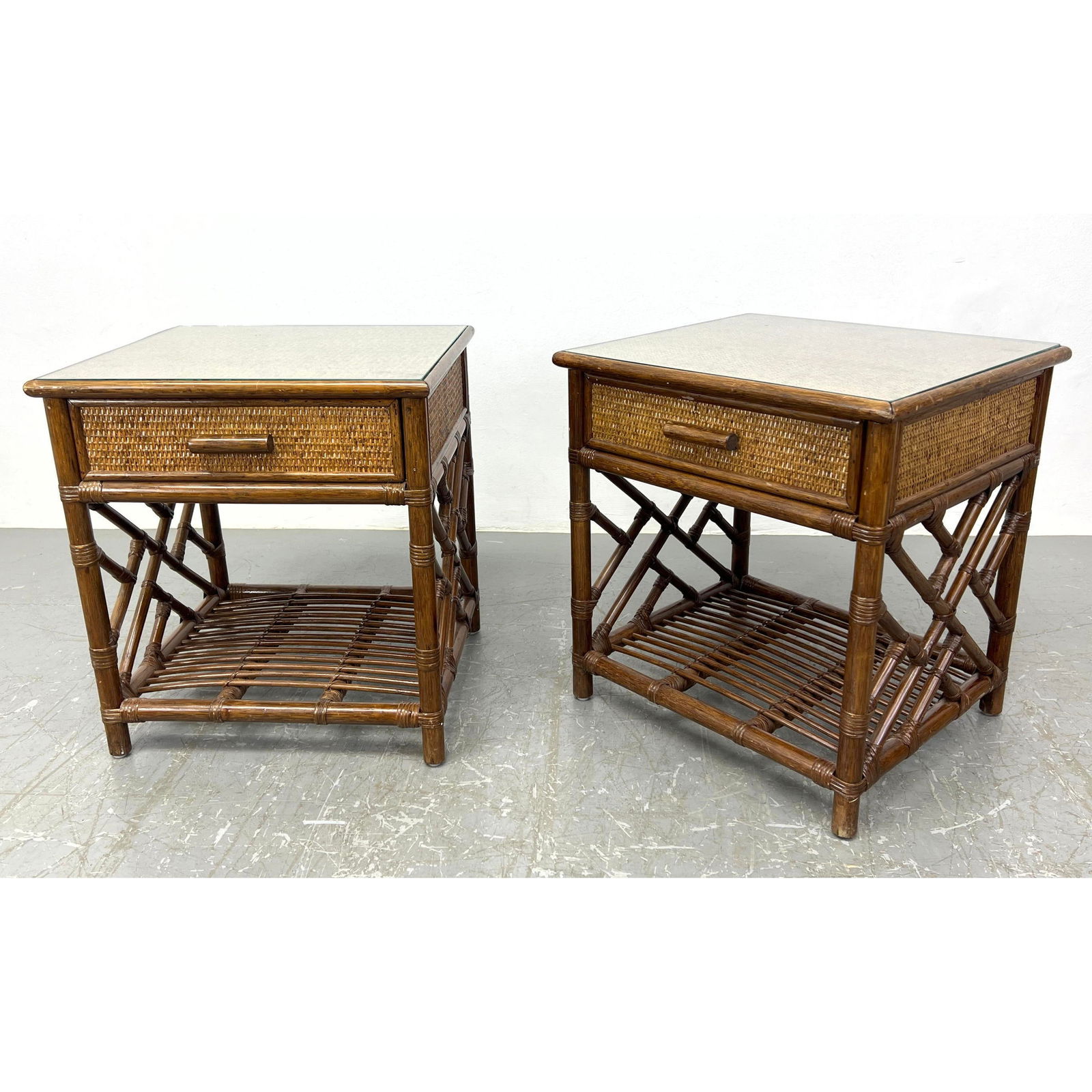 Pair of rattan and wicker glass top one Drawer side tables. (1 of 9)