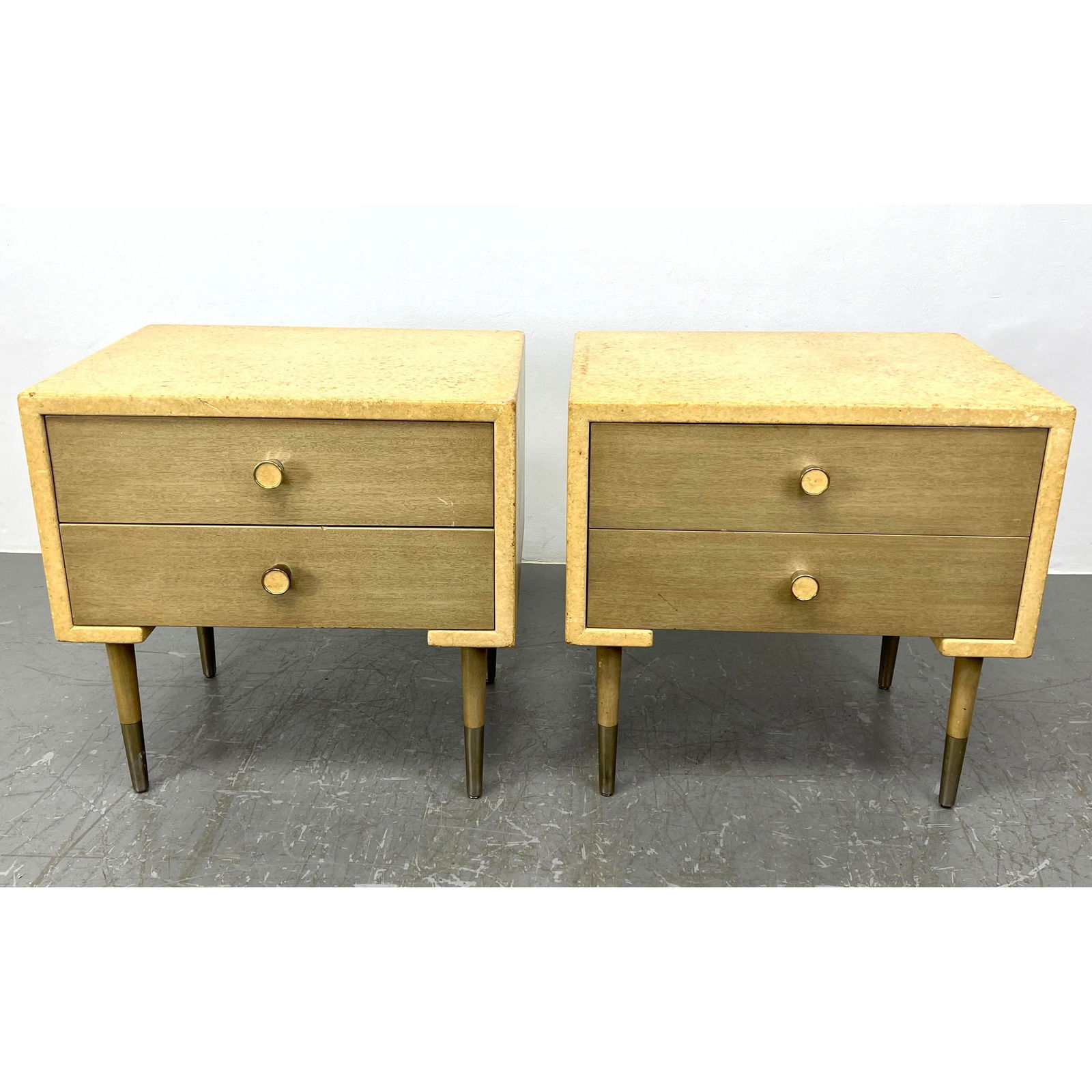 Pair PAUL FRANKL cork night stands. JOHNSON furniture branded. Tan paint. (1 of 19)