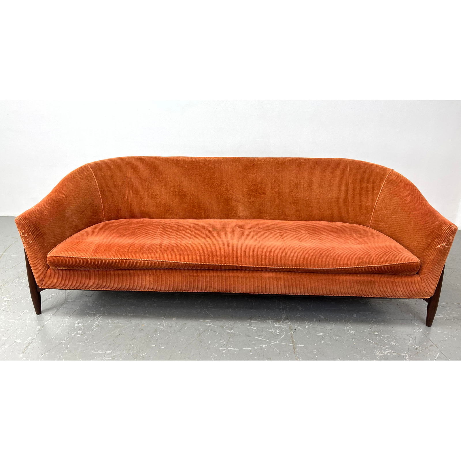 Stylish Modernist Upholstered Sofa Couch. Extended Legs design feature. Orange corduroy fabric. Poss (1 of 10)