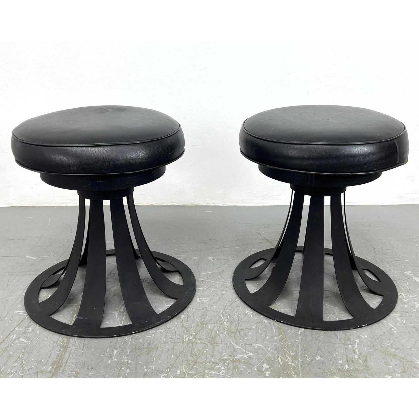 Pair Woodard Style Stools.  Metal with upholstered tops. Iron bases. (1 of 13)