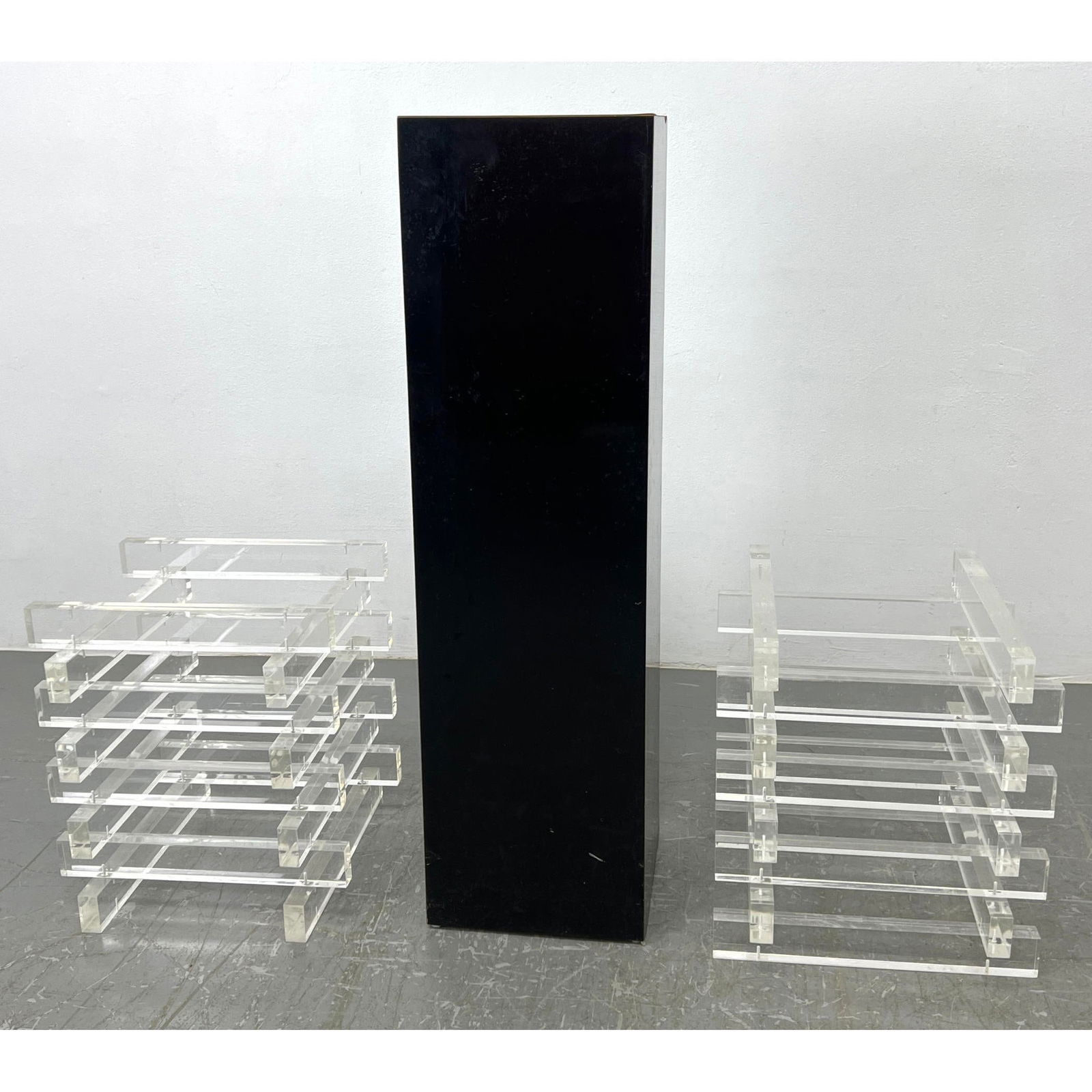 Mid Century Modern Furniture Lot.  2 Stacked Lucite Table Bases. Black Laminate Pedestal. (1 of 9)