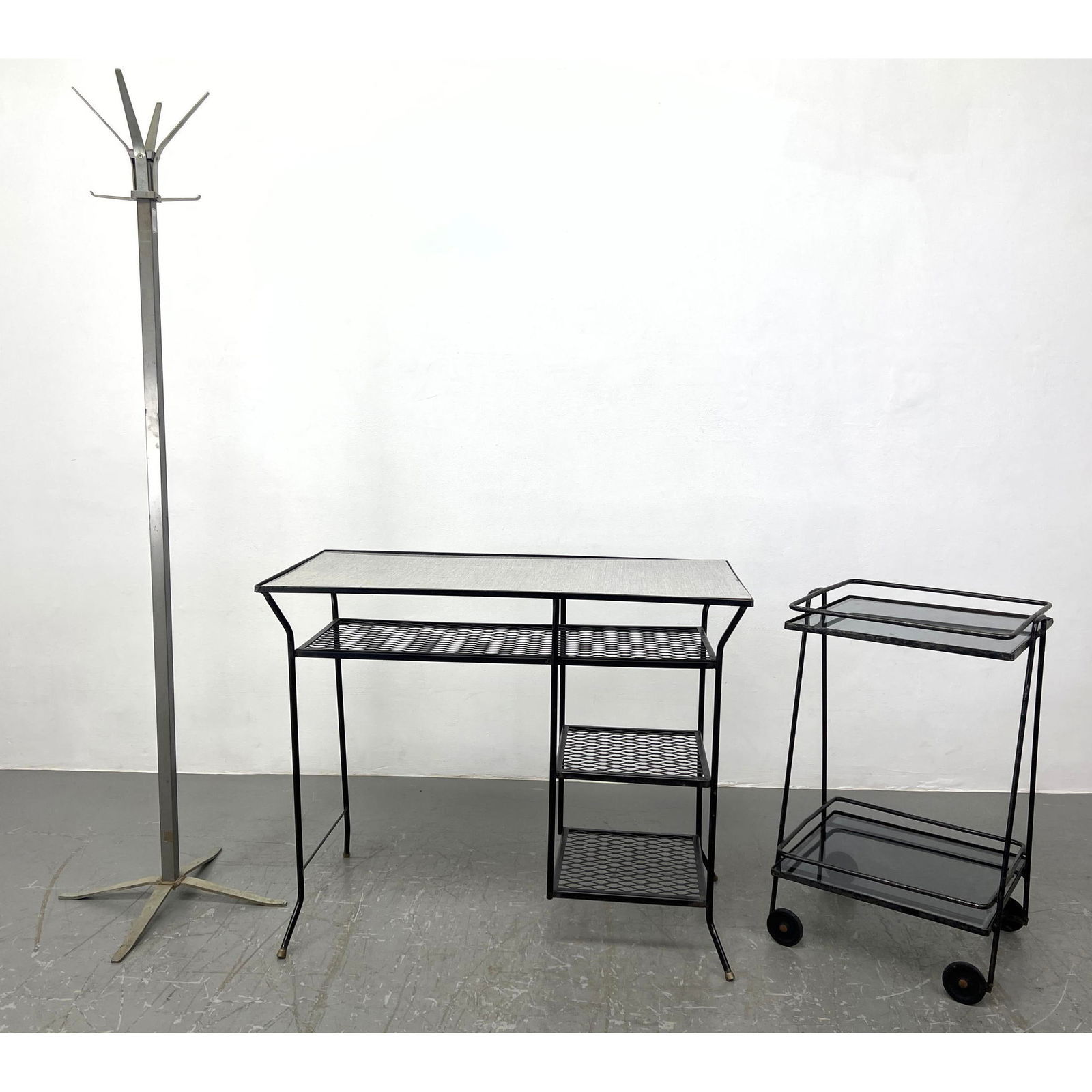 Mid Century Modern Furniture.  Salterini style Metal Desk,  Salterini Style High Bar 2 Tier Bar Cart (1 of 16)
