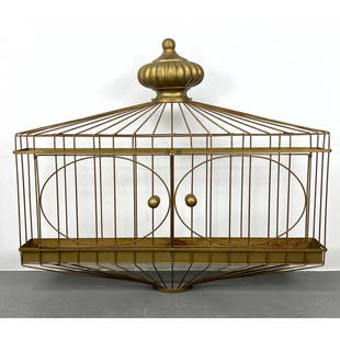 Gilt Regency style Cage Form Wall Sculpture. Doors swing open to allow access to two small metal Tra: Gilt Regency style Cage Form Wall Sculpture. Doors swing open to allow access to two small metal Trays. Dimensions: Height: 34.5 inches, Width: 40.5 inches, Depth: 7.5 inches. ---