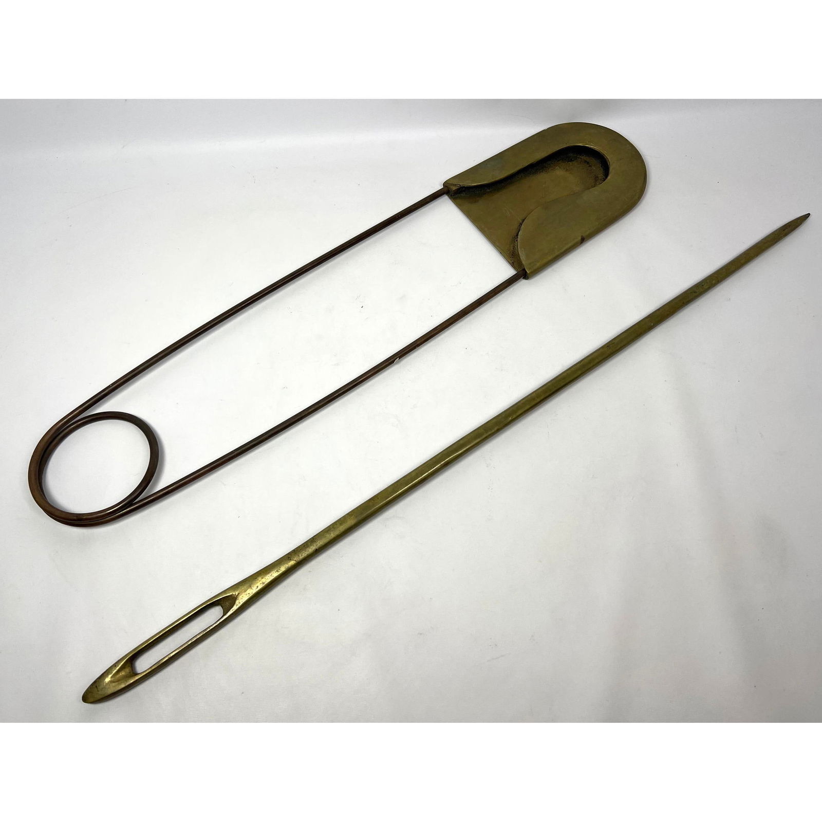 2pc Carl Aubock style Oversized Brass Objects. Oversized Safety Pin and Sewing Needle Sculptures. Br (1 of 13)