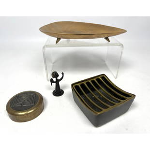 Mid Century Modern Bronze Lot. 2 Pieces Austrian bronze Signed Hagenauer slotted dish and Angel Figu: Mid Century Modern Bronze Lot. 2 Pieces Austrian bronze Signed Hagenauer slotted dish and Angel Figurine. Brass Aubock Style Dish. Brass and Sterling Paperweight Dimensions: Height: 6 inches, 