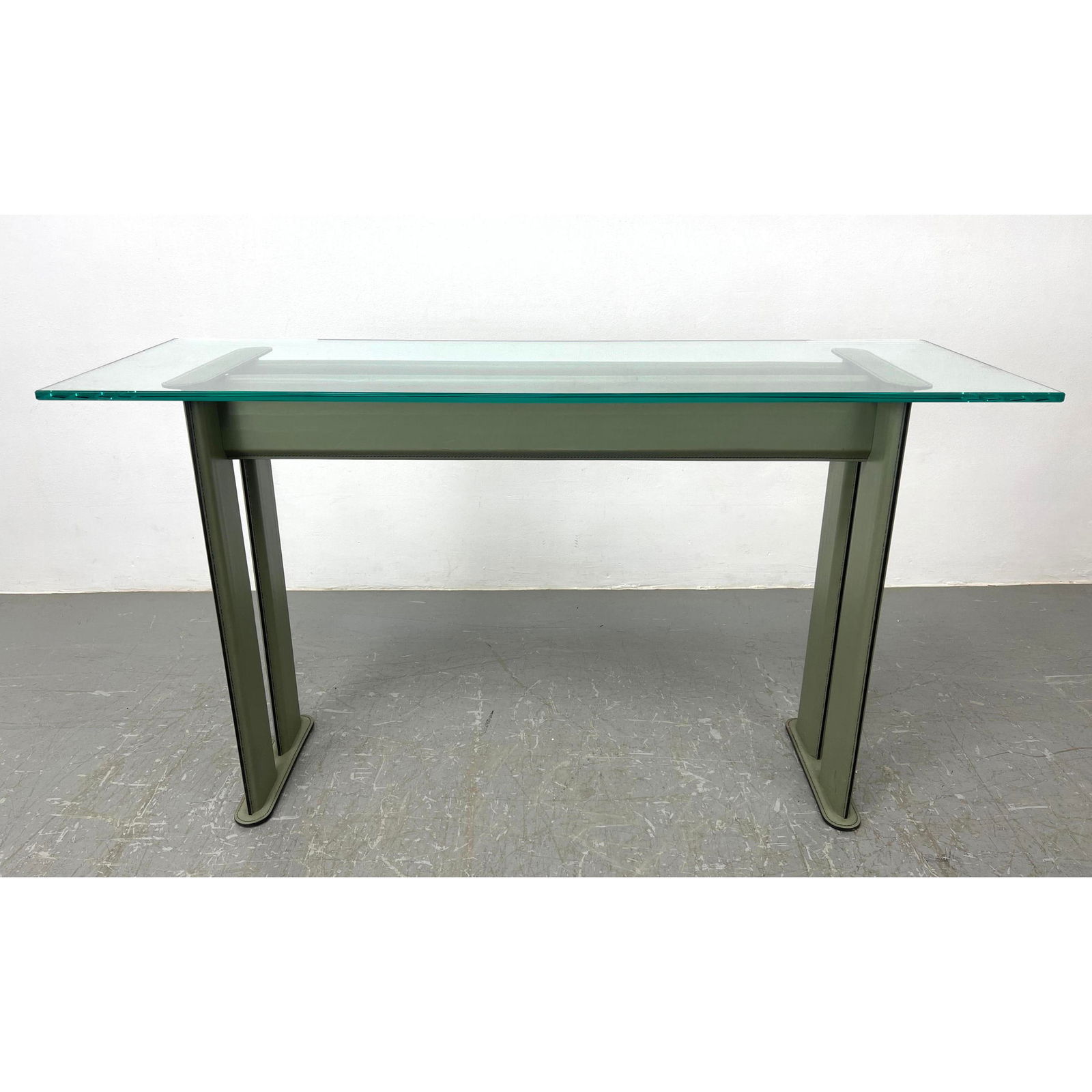 Italian Modernist Leather and Glass Console Table. Pale Green Leather Covered Frame supports Glass T (1 of 9)