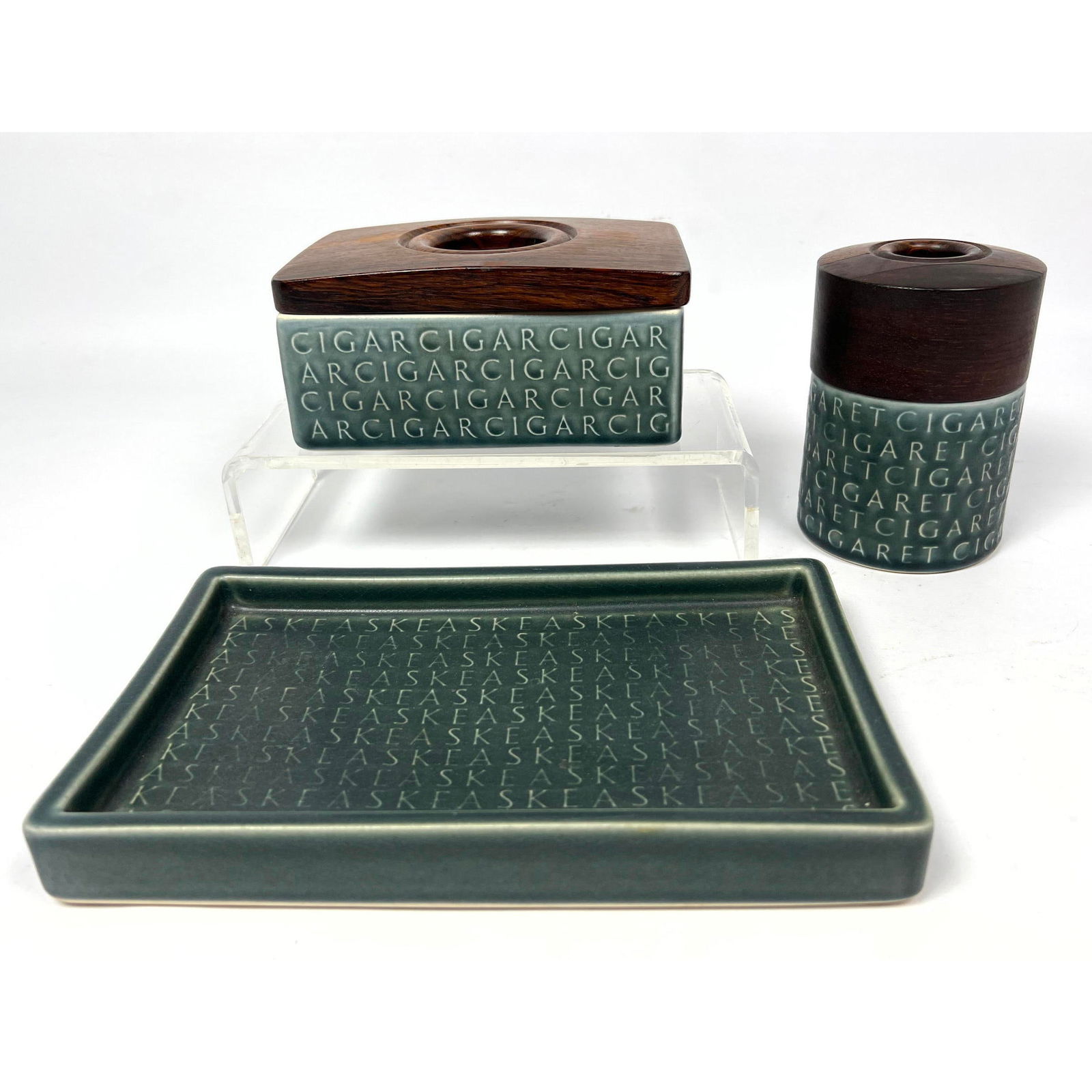 3pc KRONJYDEN Porcelain Teak Trim Smoking Set. Tray. Cigar Box and Cigarette Lidded Jar Box. Danish (1 of 16)