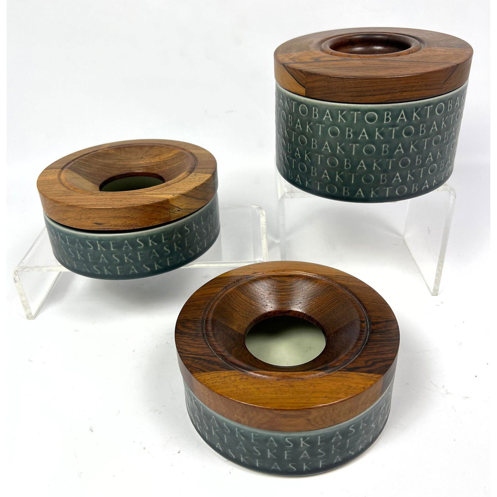 3pc KRONJYDEN Porcelain Rosewood Smoking Set. Three lidded jars for tobacco and ashes. Danish Modern (1 of 14)