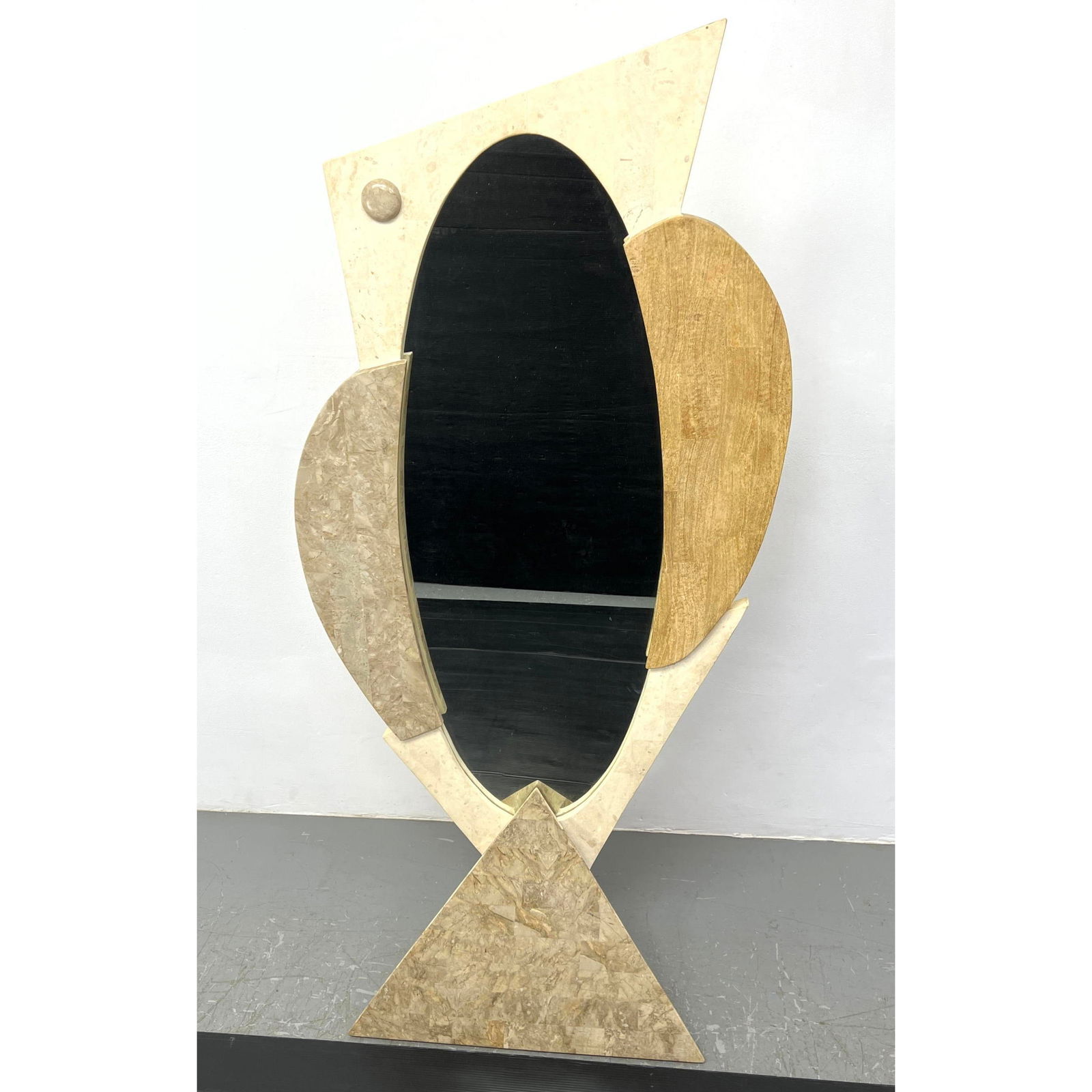 Maitland Smith Style Sculptural Stone Floor Mirror. Tesserae marble tile pyramid base. Oval mirror, (1 of 10)