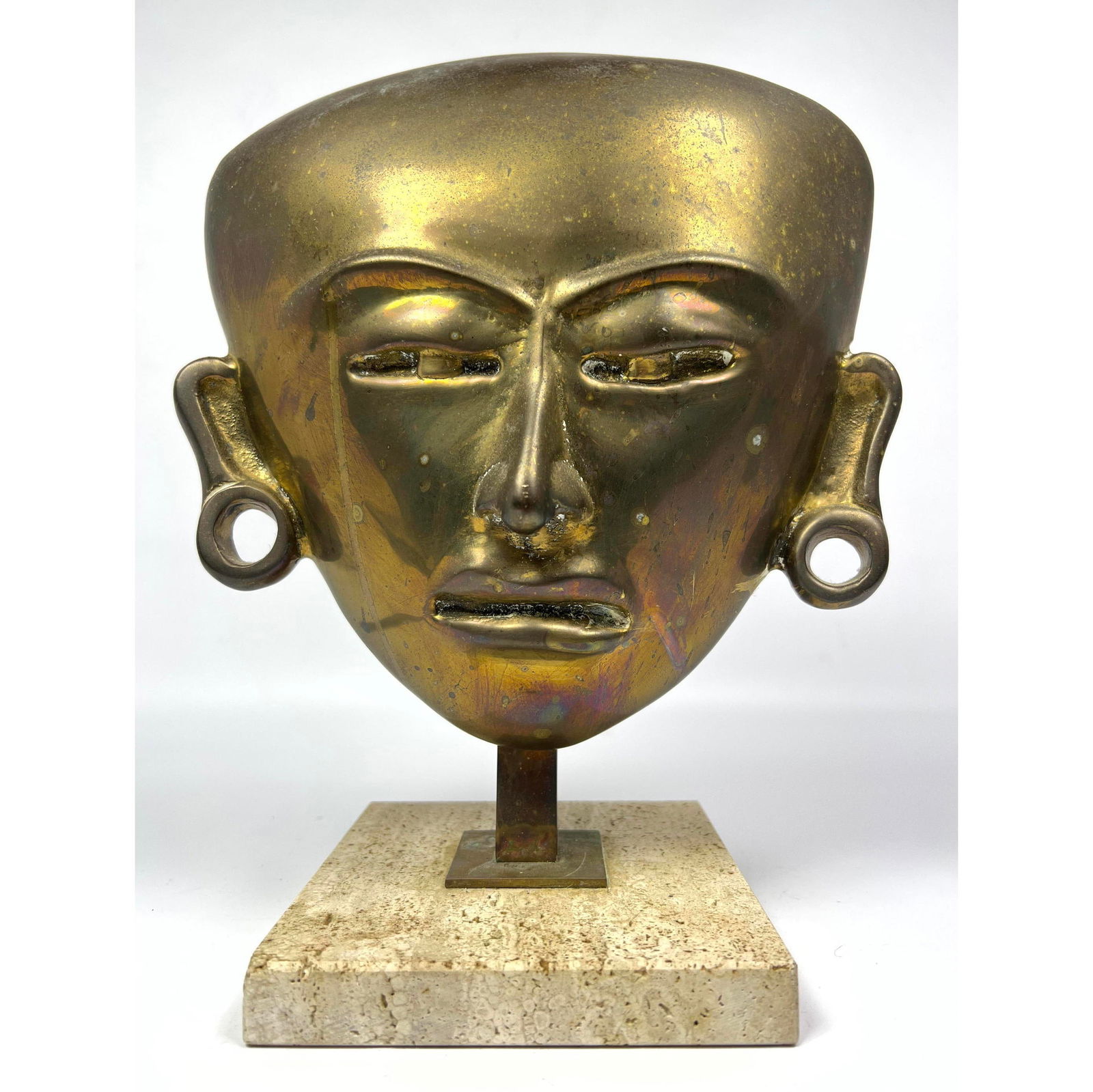 Mid Century Modern Brass Mask Sculpture. Travertine base. (1 of 11)
