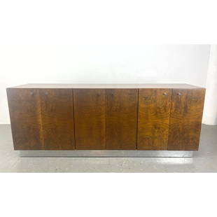 Milo Baughman Burl Walnut Credenza with Chrome Platform Base: Milo Baughman Burl Walnut Credenza with Chrome Platform Base Dimensions: Height: 33 inches, Width: 84 inches, Depth: 20 inches. ---