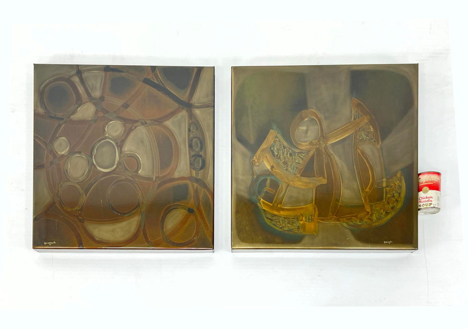Pair Silvio Giovanetti 1972 acid etched metal relief wall plaques. Signed. (1 of 7)