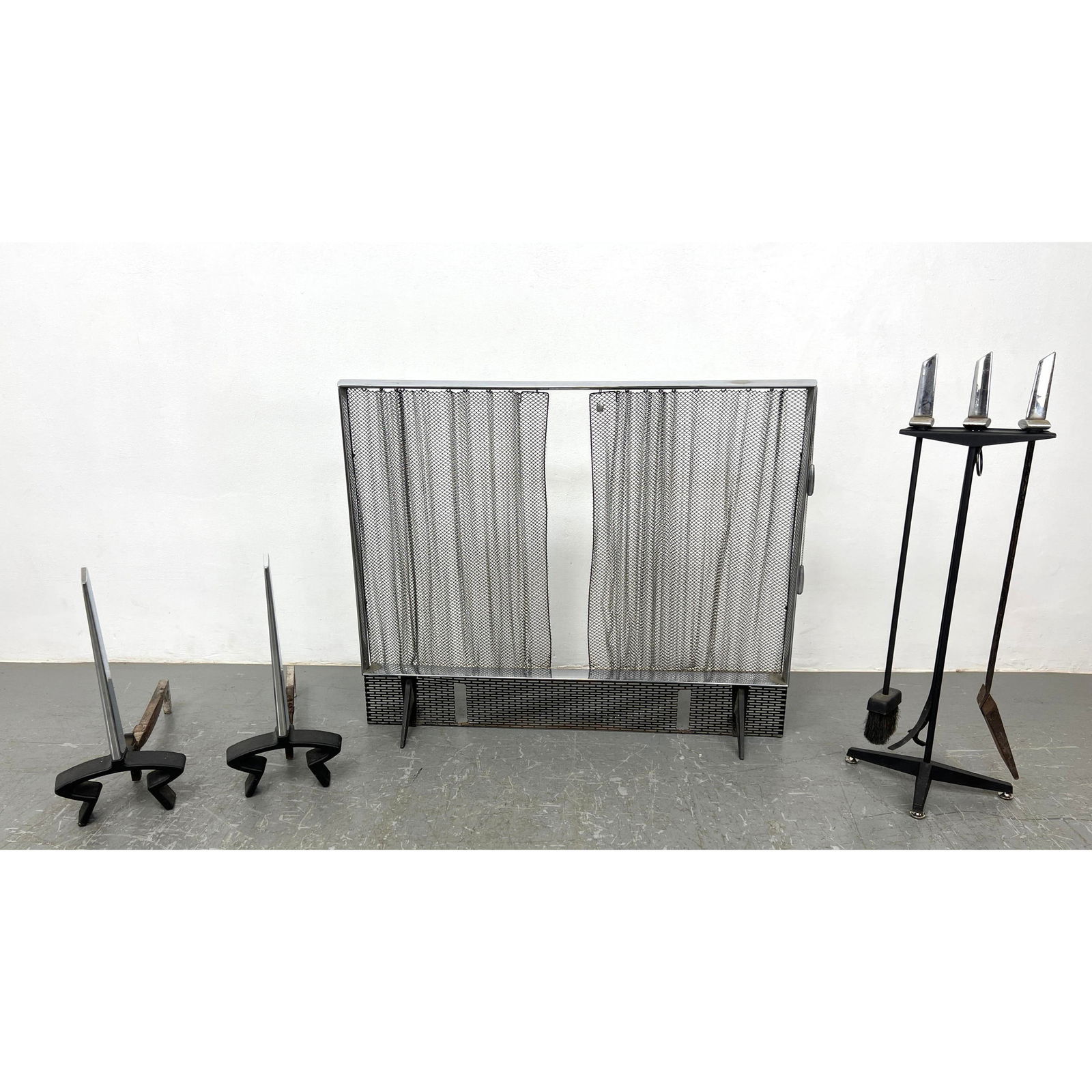 Donald Deskey Fireplace Set. Stylish Chrome Blade Andirons, Set 3 Tools on Stand and metal mesh fire (1 of 15)