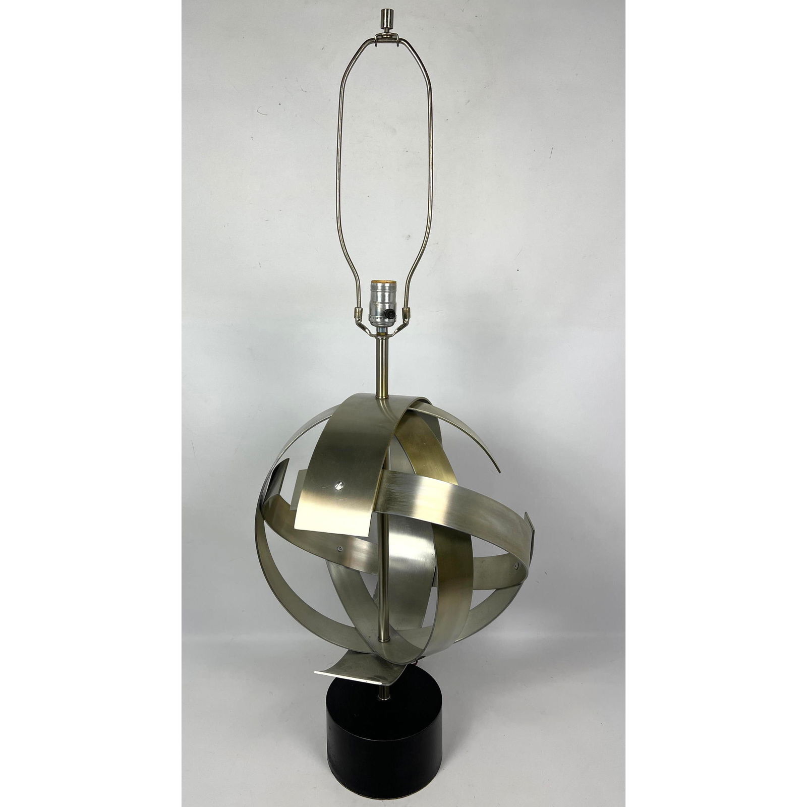 LAUREL Modernist Sculptural Sphere Table Lamp. Rolled Ribbon brushed chrome Ball Form. Paper Label. (1 of 14)