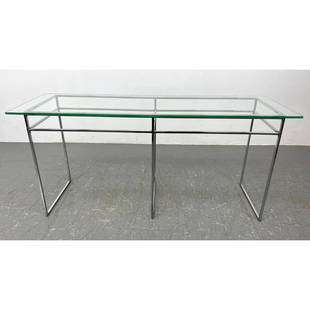 MILO BAUGHMAN Thin Chrome Tube Hall Console Table. Glass top. Glass not original.: MILO BAUGHMAN Thin Chrome Tube Hall Console Table. Glass top. Glass not original. Dimensions: Height: 27.5 inches, Width: 54 inches, Depth: 16 inches. ---