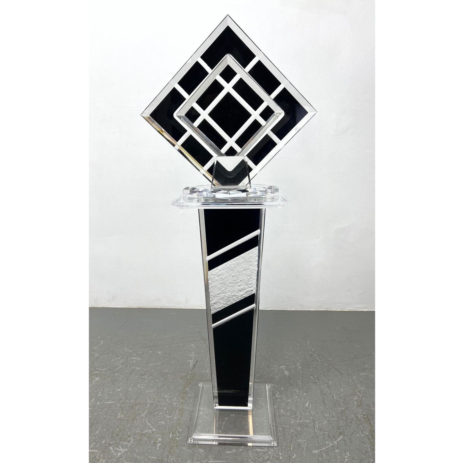 2pc MUNIZ Colored Lucite Sculpture on Display Pedestal. Black and Clear Graphic Designs. Each piece (1 of 15)