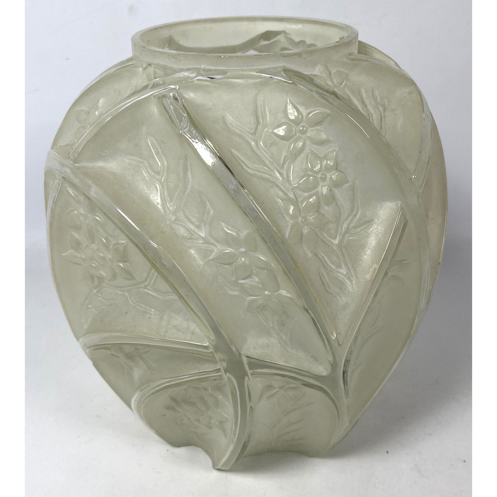 Frosted and Clear Molded Glass Modernist Vase. Deep vein details with floral relief design. Not Mark (1 of 8)