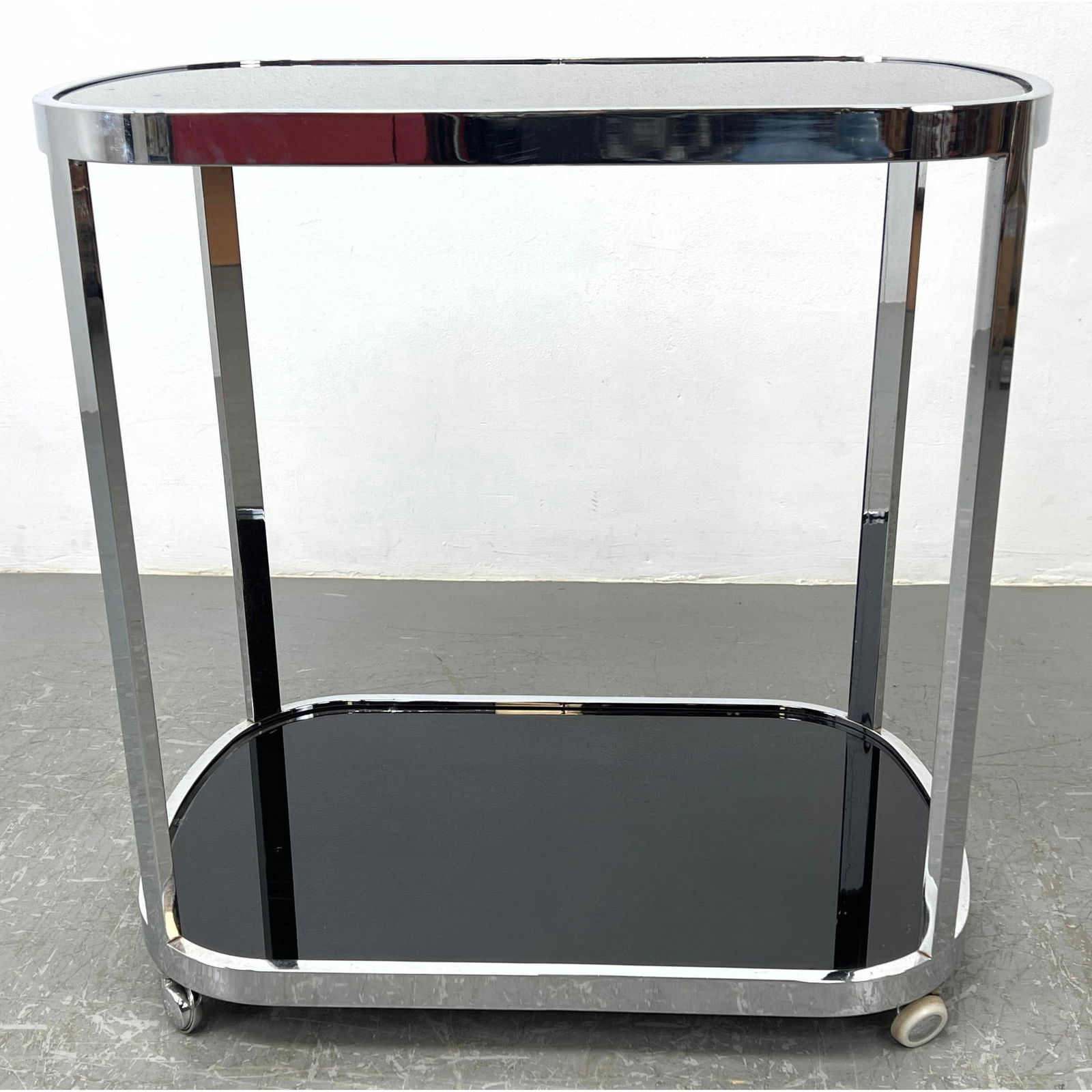 Chrome Frame Rolling Bar Serving Cart. Modernist. Two Glass Tiers. On Casters. Milo Baughman Style. (1 of 9)