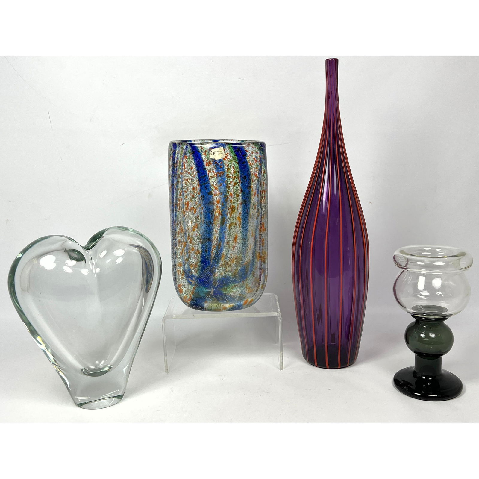 4pc Modernist Art glass Vases. Heart shaped form marked J. SVOBODA. Speckled vase with vertical blue (1 of 20)