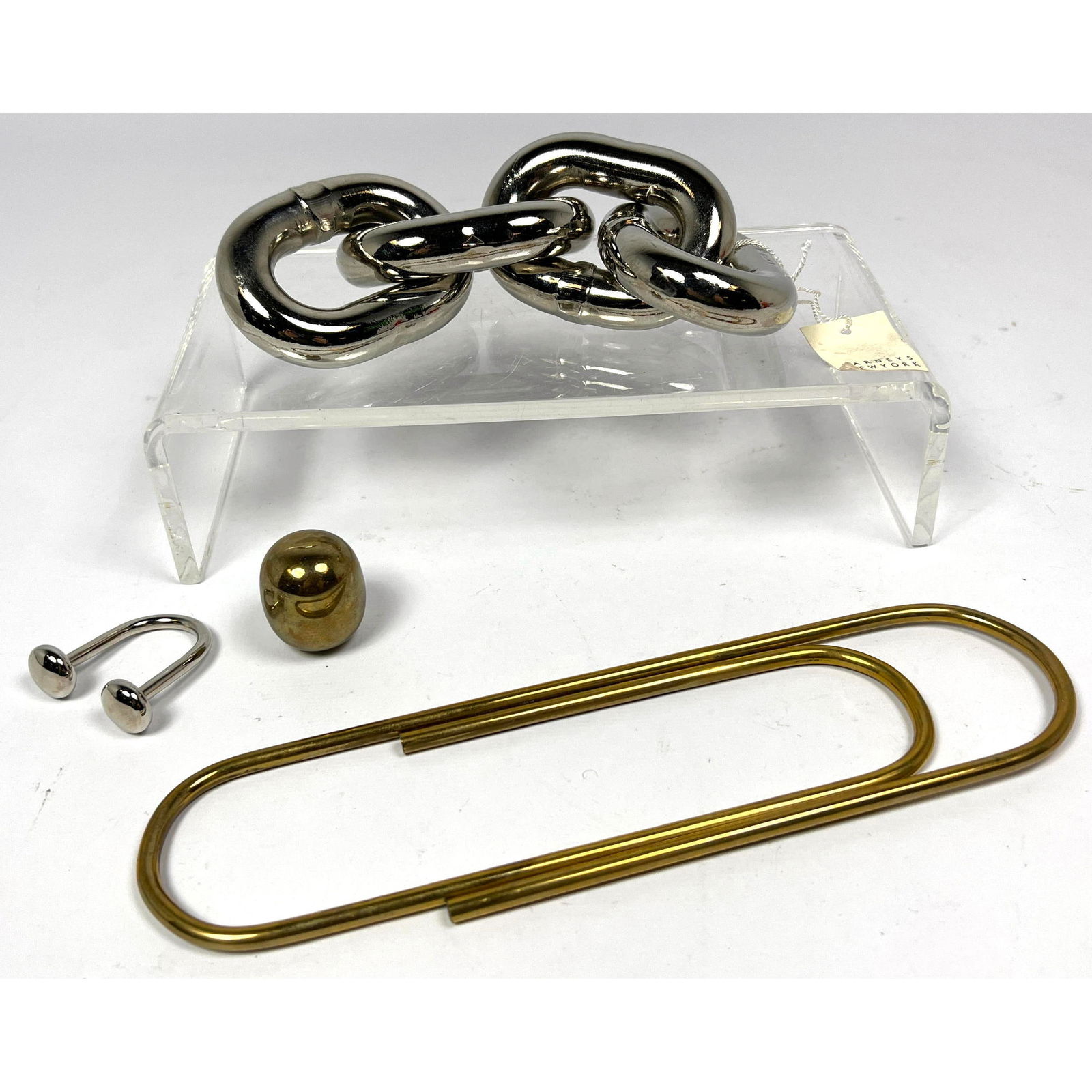 4pc Modernist Metal Lot. Heavy Chrome Chain Link Paperweight: Barney's New York Retail Tag. Oversize (1 of 15)