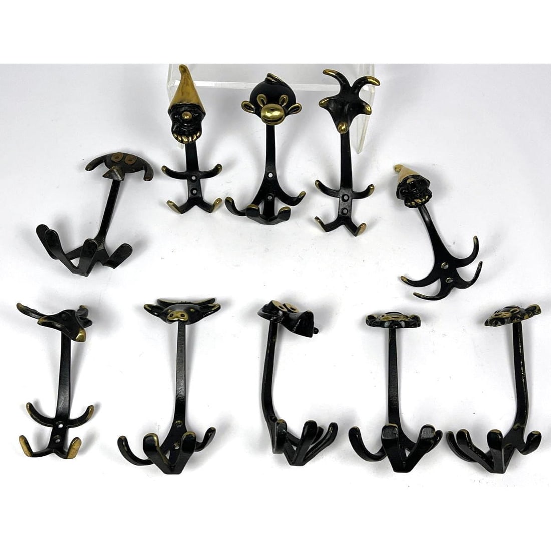 Collection of 10 Austrian Bronze Figural Coat Hooks. Ram, monkey, dog, clown, bull, moose, etc. Some (1 of 15)