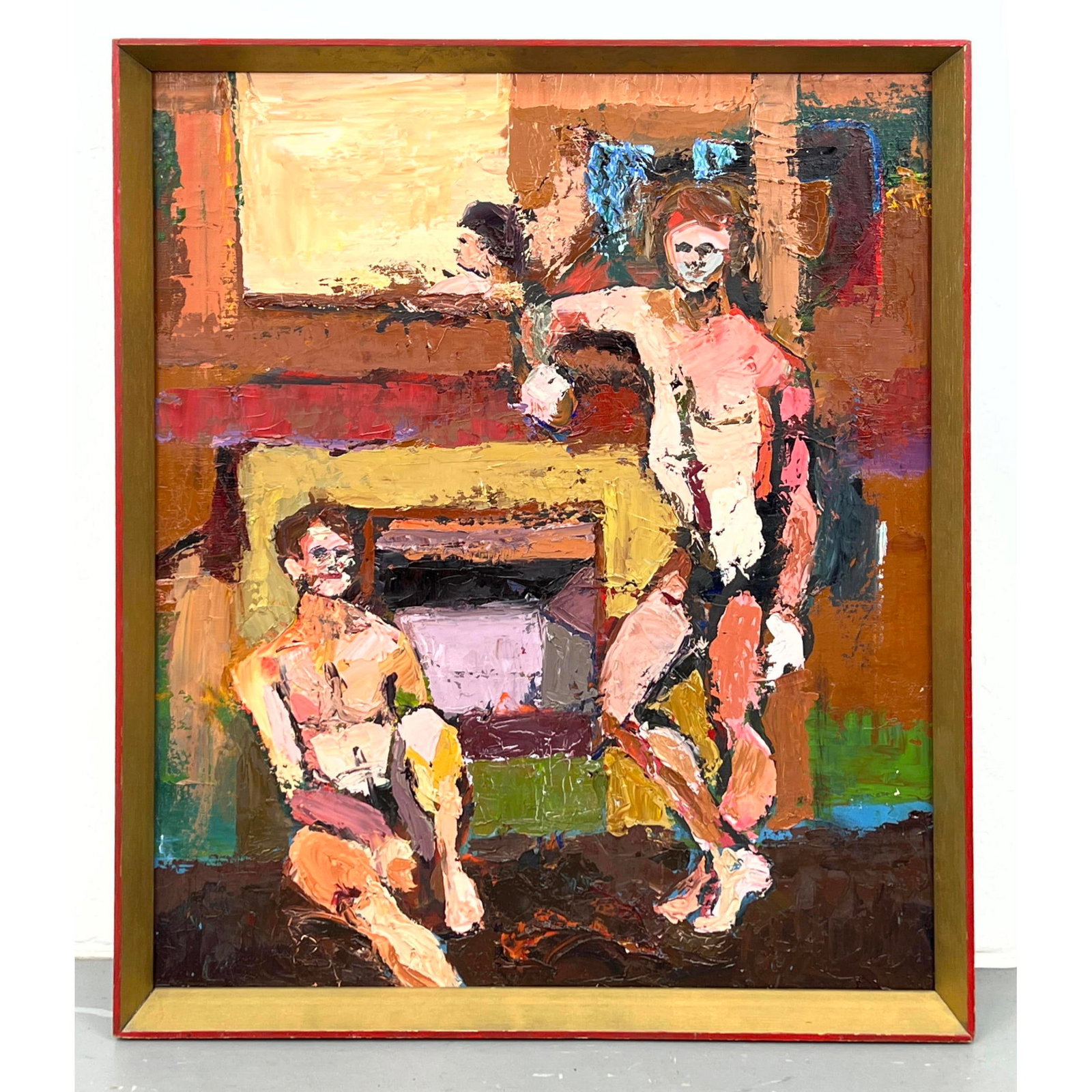 Gerry lavin oil on canvas. Figural image of 2 Nude Males Men. Fauvist. No signature found.: Gerry lavin oil on canvas. Figural image of 2 Nude Males Men. Fauvist. No signature found. Dimensions: Frame Height: 25 inches, Frame Width: 21 inches, Depth: 2 inches. - Image Size: Image Height: 23.