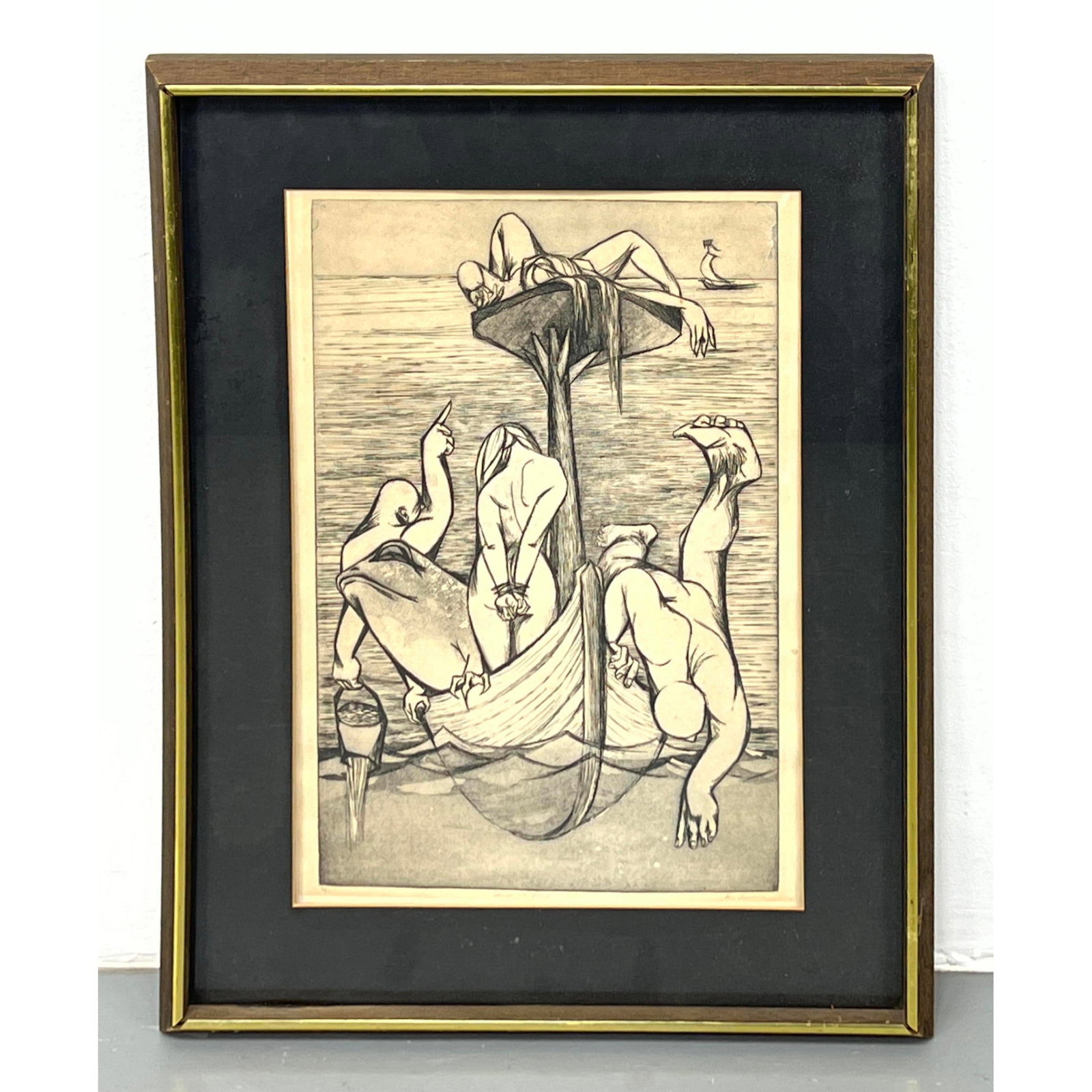Ship of fools Bizarre Print. Bound female, frog and men on ship. Faded artist's signature is illegib: Ship of fools Bizarre Print. Bound female, frog and men on ship. Faded artist's signature is illegible. Dimensions: Frame Height: 27 inches, Frame Width: 21 inches. - Image Size: Image Height: 19.5 in