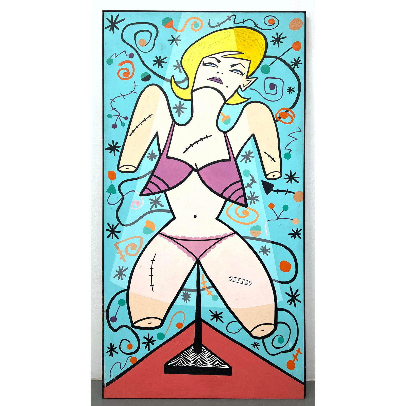 CAREN SCARPULLA Modernist "Marilyn" Painting. Blonde female in bikini. Atomic themed background. Sig (1 of 10)