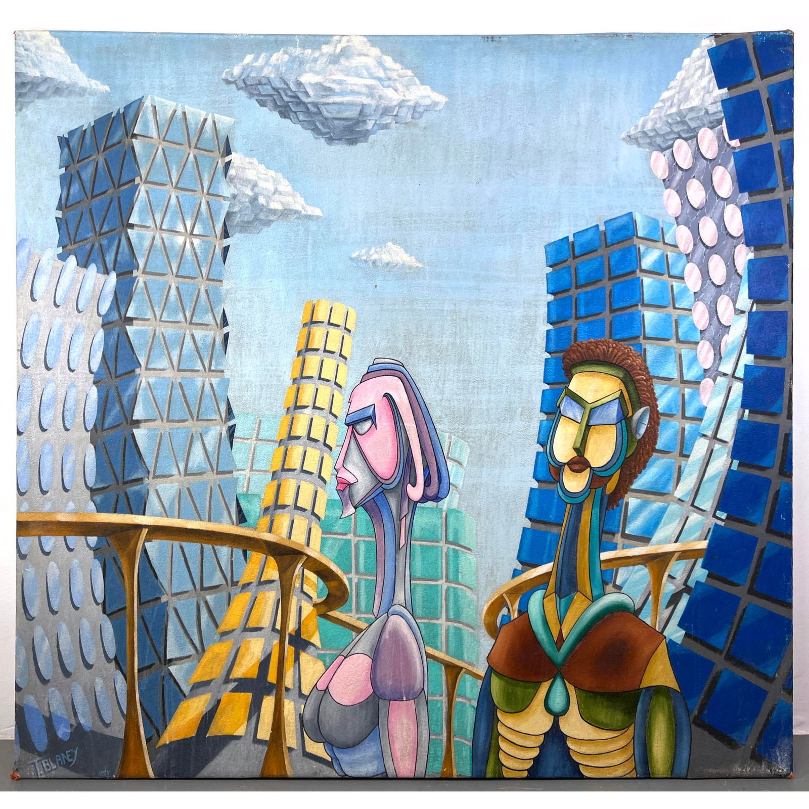 T. Blaney Modernist Painting. Two figures in Futurist architectural Setting. Signed. Surreal (1 of 15)