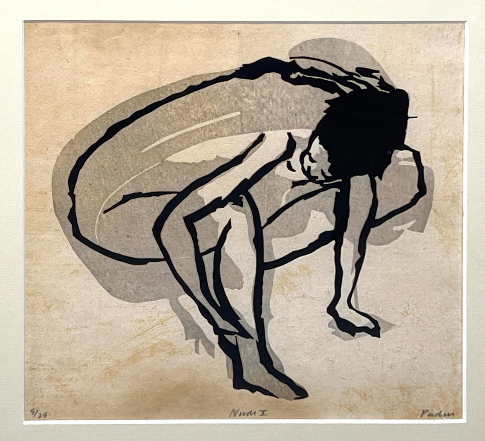 WILLIAM PADEN WOODBLOCK PRINT. Edition 5/25, titled "Nude X" and signed William Paden lower right. F: WILLIAM PADEN WOODBLOCK PRINT. Edition 5/25, titled "Nude X" and signed William Paden lower right. Figurative print Dimensions: Frame Height: 20.25 inches, Frame Width: 20.5 inches, Depth: 1 inches. -