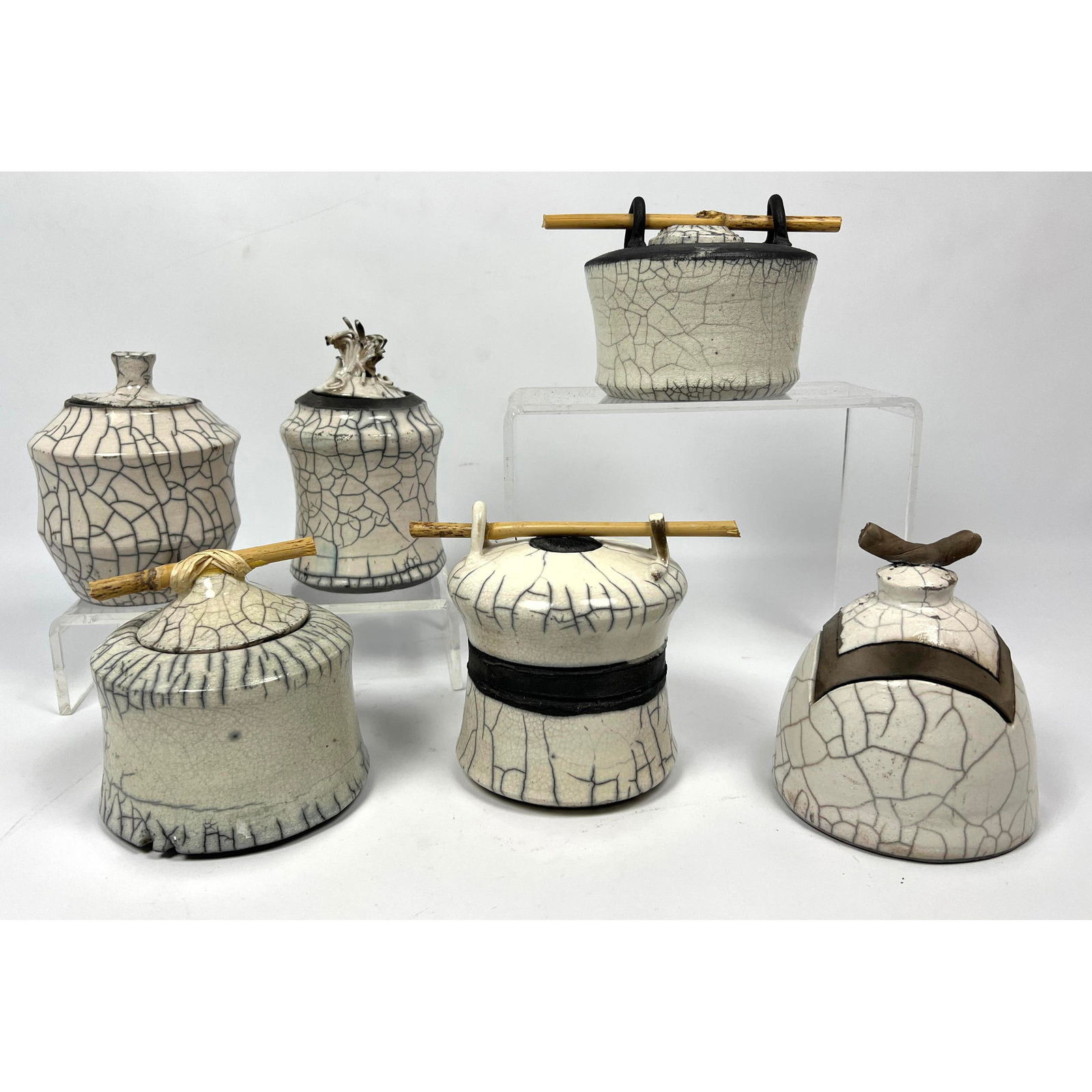 6pcs Signed Studio Pottery. White glazed raku. (1 of 14)